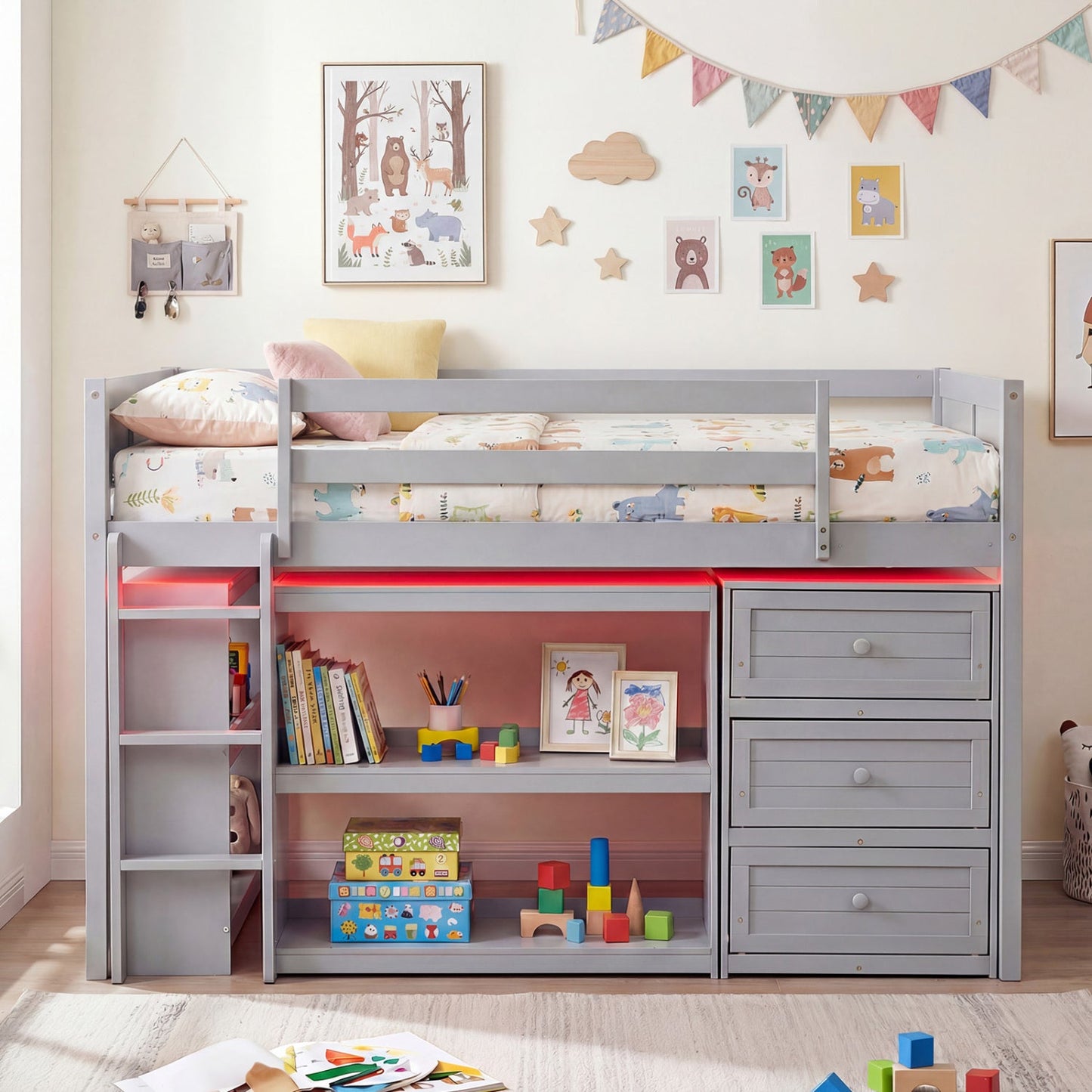 Twin Size Loft Bed with LED Lights and Underbed Space for Kids