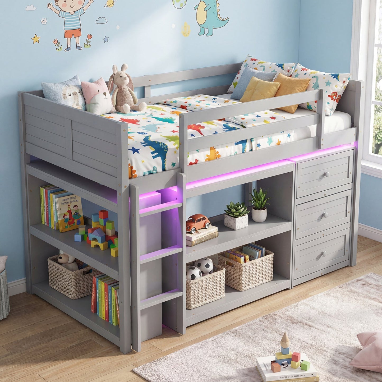 Twin Size Loft Bed with LED Lights and Underbed Space for Kids