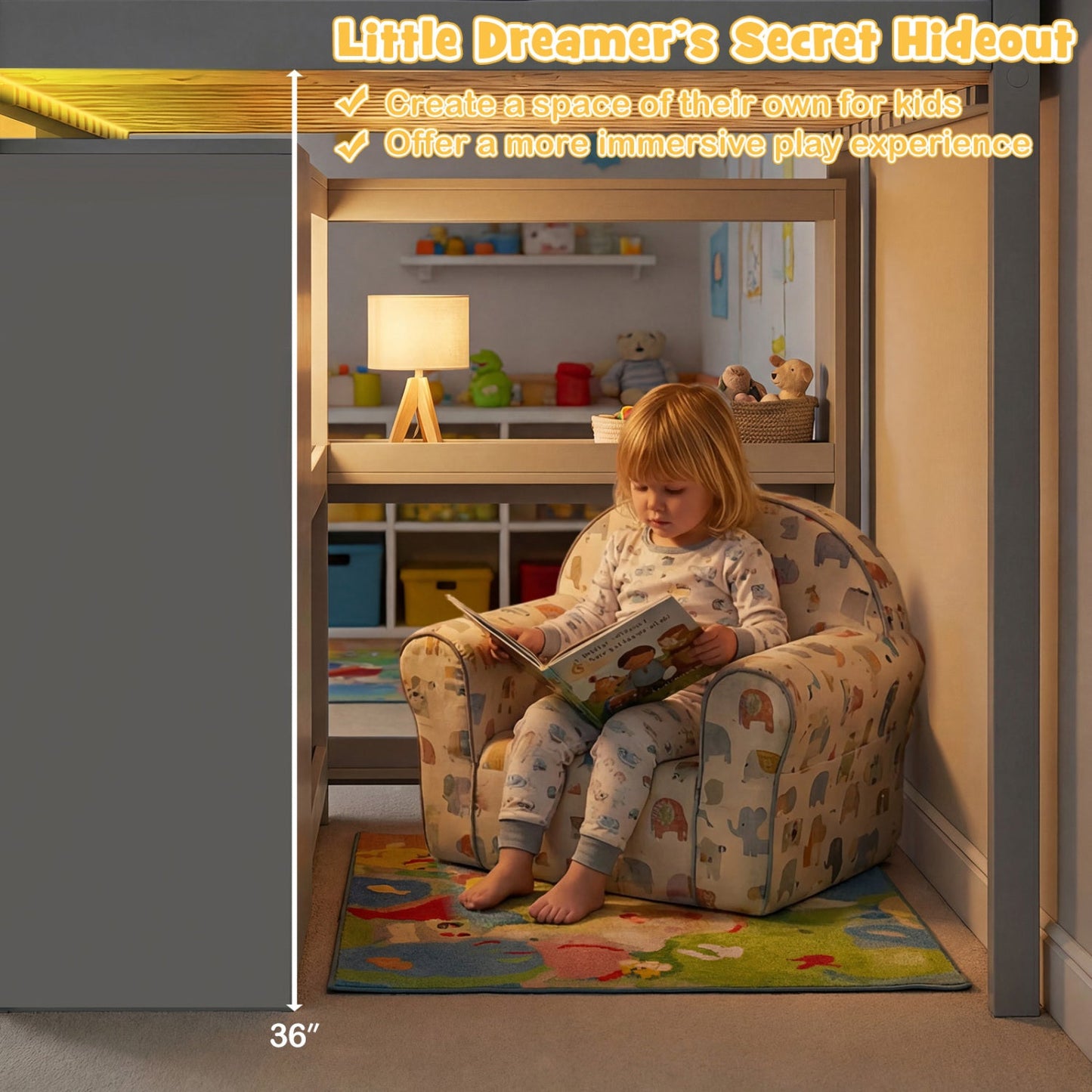 Twin Size Loft Bed with LED Lights and Underbed Space for Kids