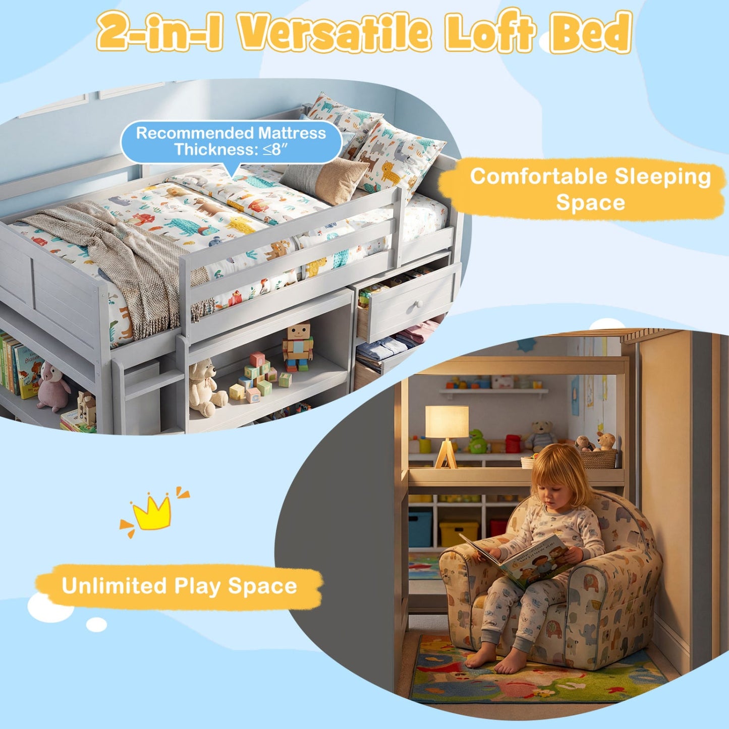 Twin Size Loft Bed with LED Lights and Underbed Space for Kids
