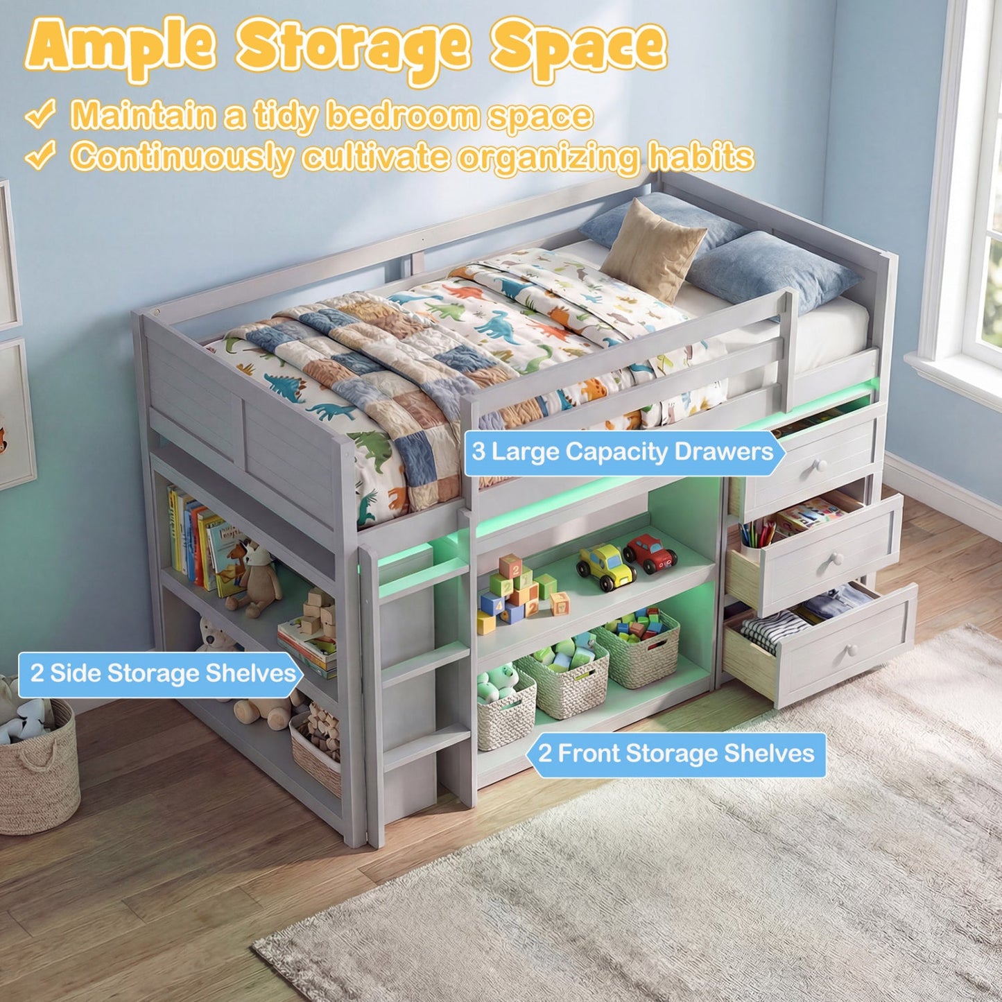 Twin Size Loft Bed with LED Lights and Underbed Space for Kids