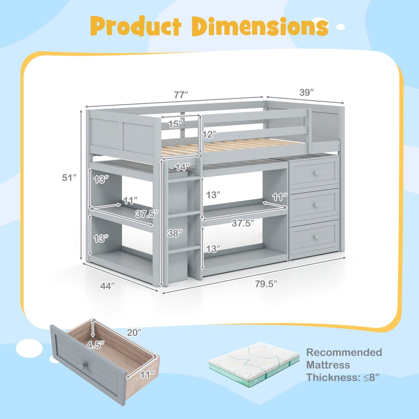 Twin Size Loft Bed with LED Lights and Underbed Space for Kids