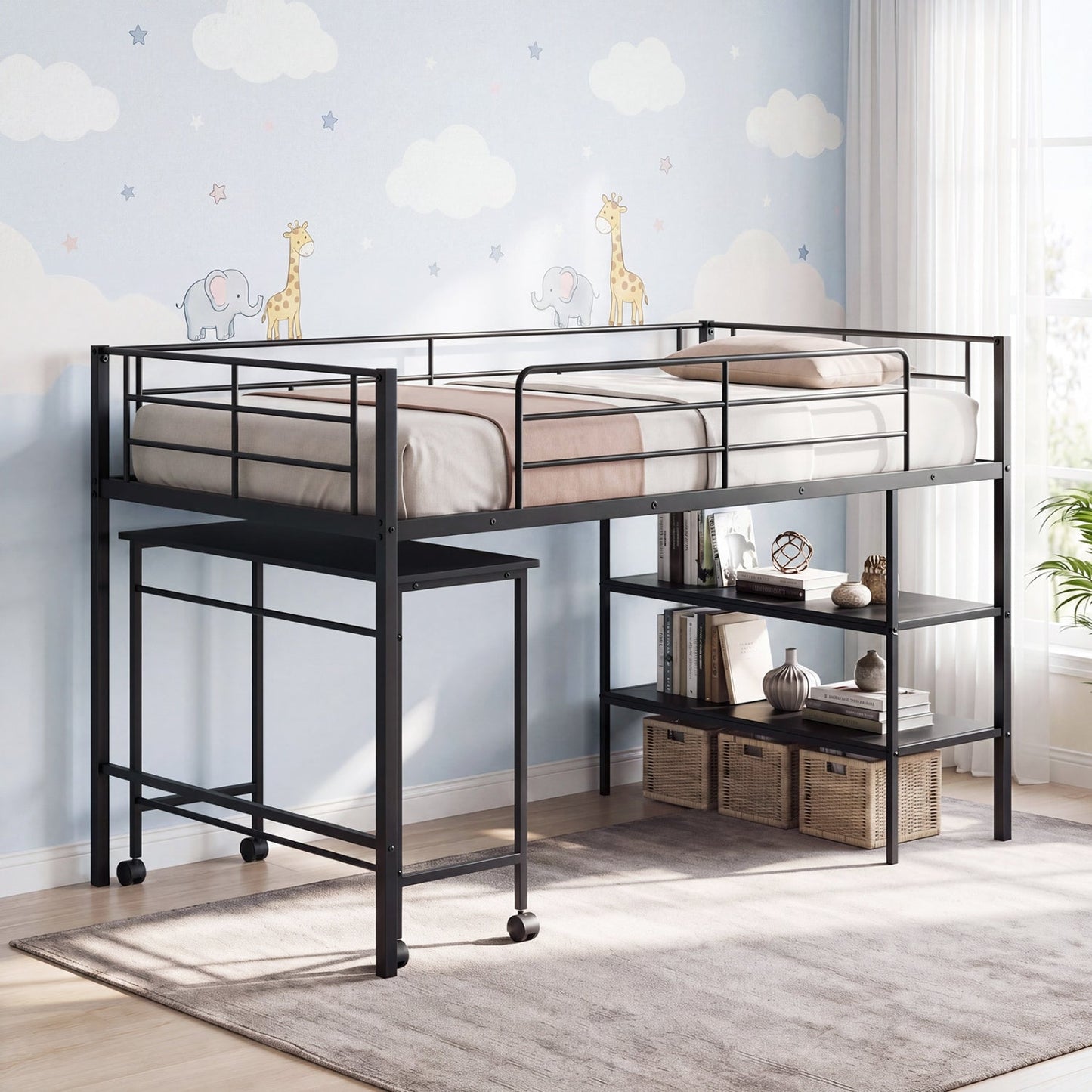 Twin Size Loft Bed with Rolling Desk and Bookshelf Platform Bed Frame