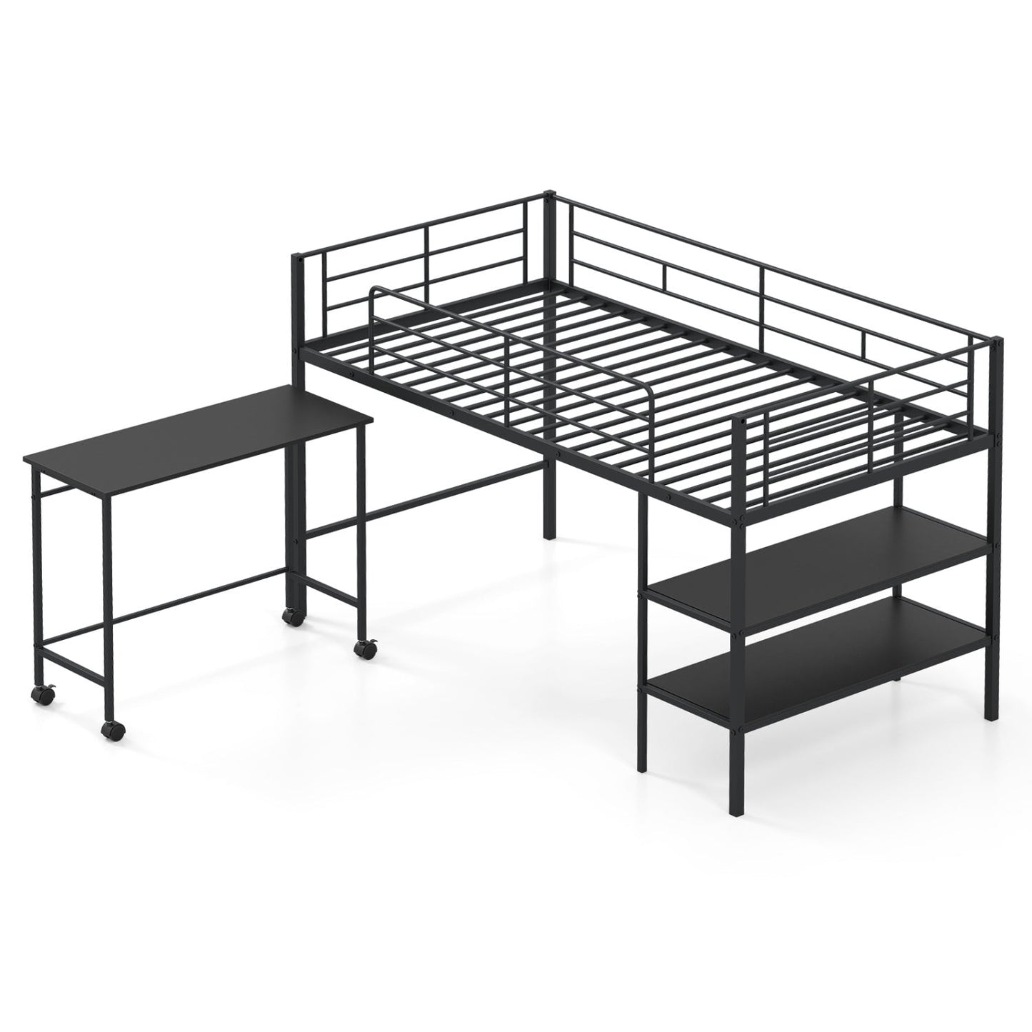 Twin Size Loft Bed with Rolling Desk and Bookshelf Platform Bed Frame