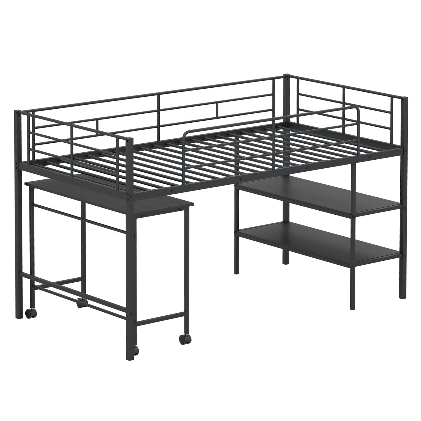 Twin Size Loft Bed with Rolling Desk and Bookshelf Platform Bed Frame