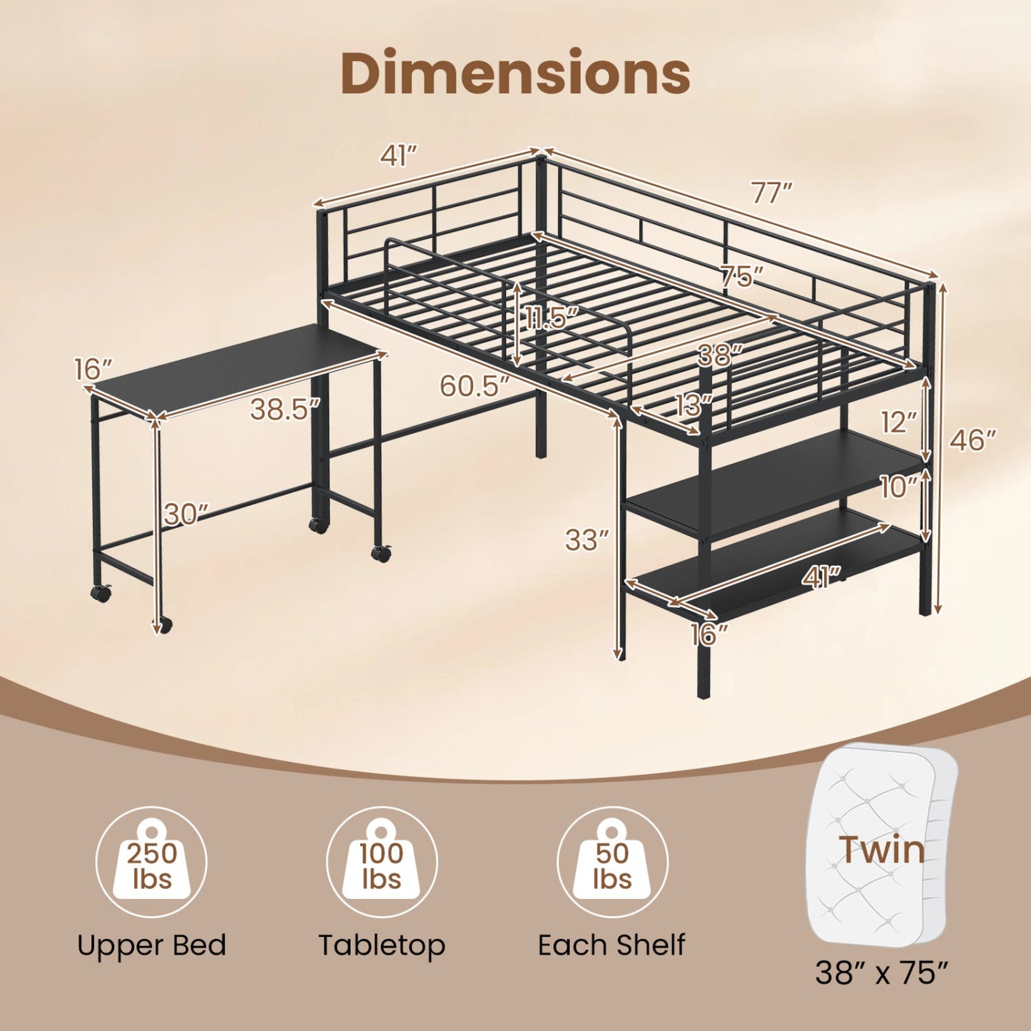 Twin Size Loft Bed with Rolling Desk and Bookshelf Platform Bed Frame