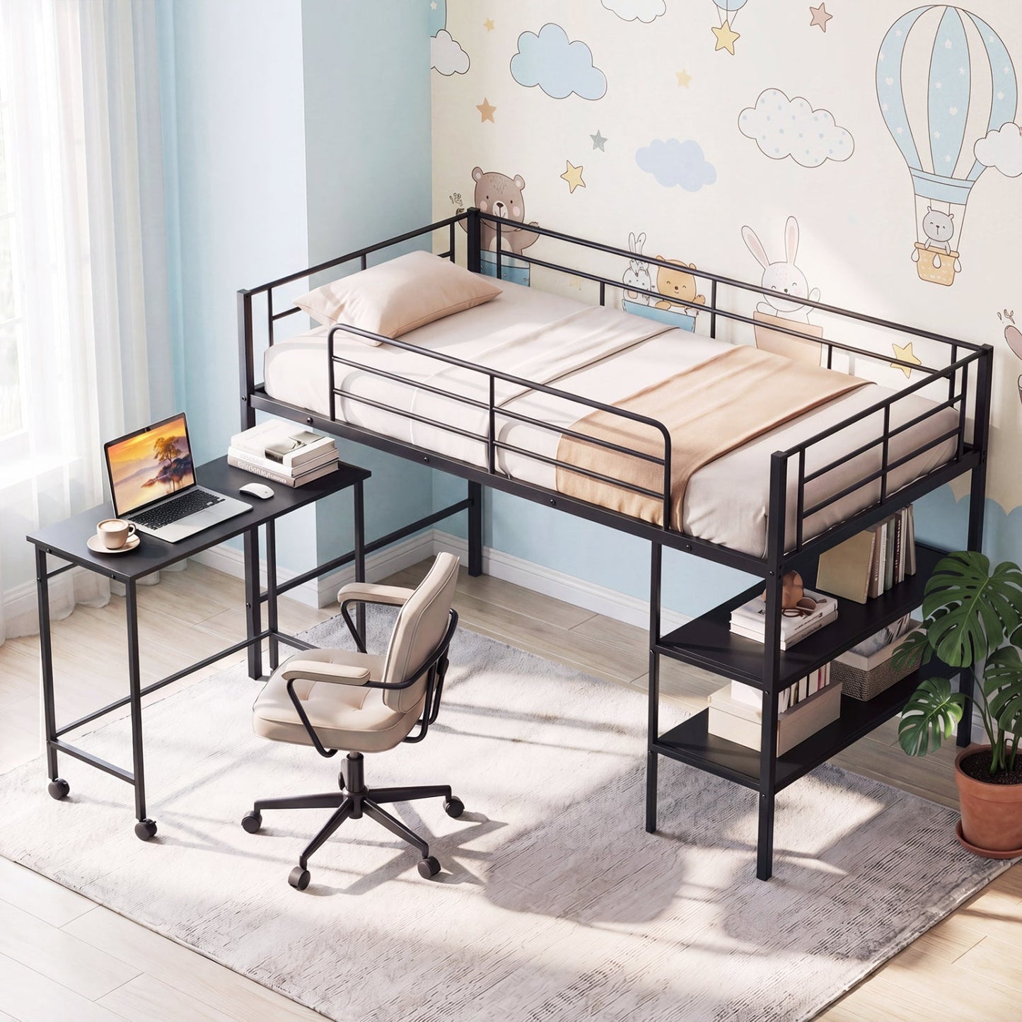 Twin Size Loft Bed with Rolling Desk and Bookshelf Platform Bed Frame