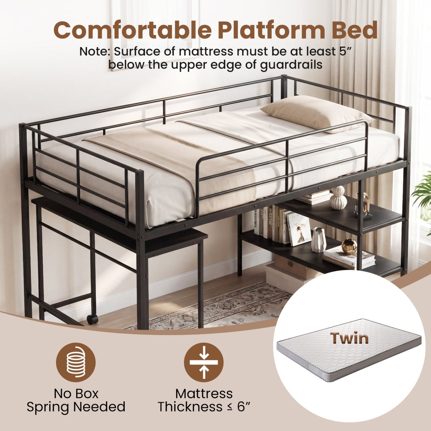 Twin Size Loft Bed with Rolling Desk and Bookshelf Platform Bed Frame