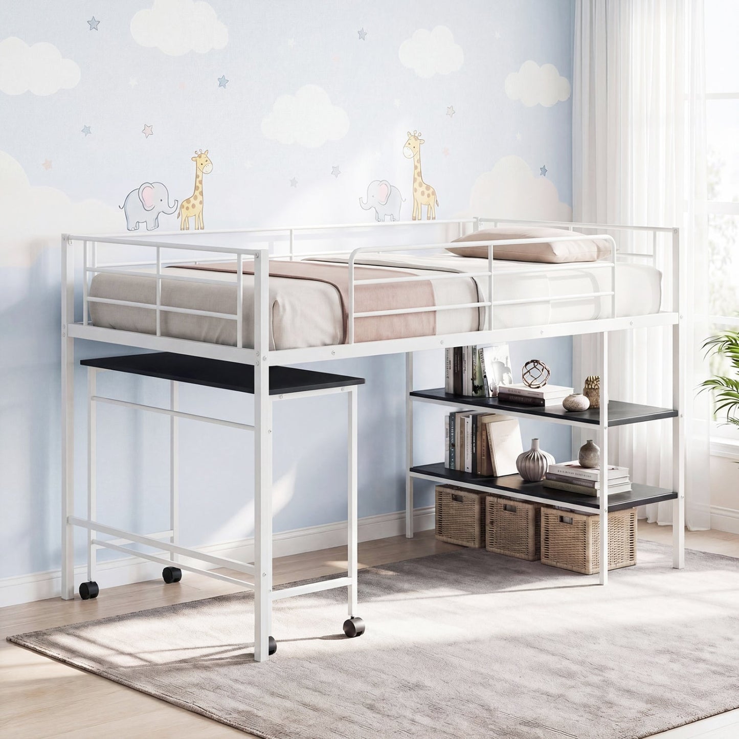Twin Size Loft Bed with Rolling Desk and Bookshelf Platform Bed Frame