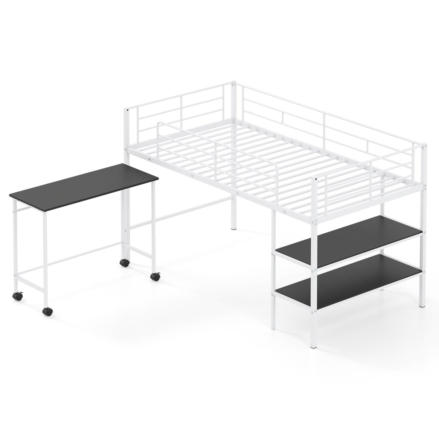 Twin Size Loft Bed with Rolling Desk and Bookshelf Platform Bed Frame