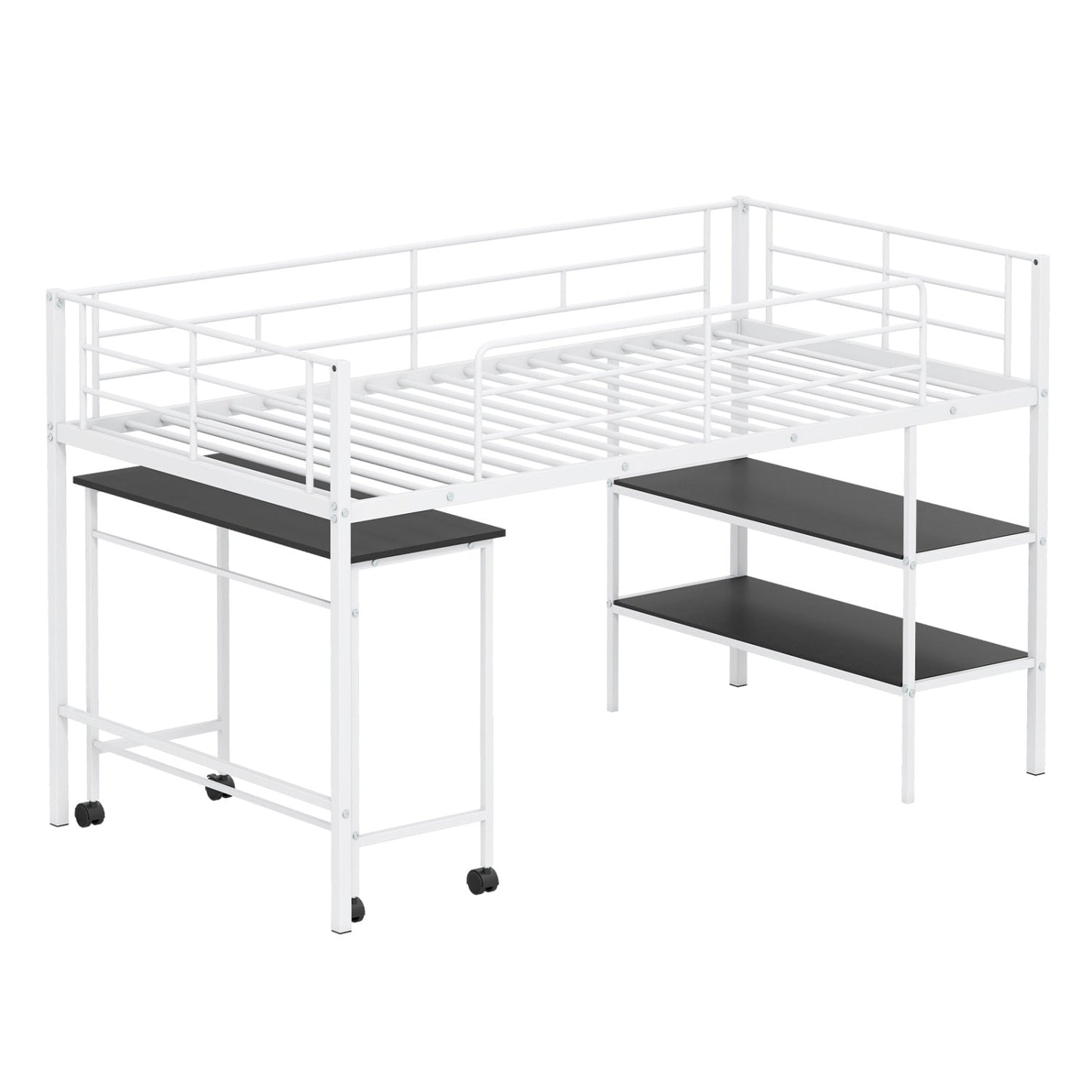 Twin Size Loft Bed with Rolling Desk and Bookshelf Platform Bed Frame