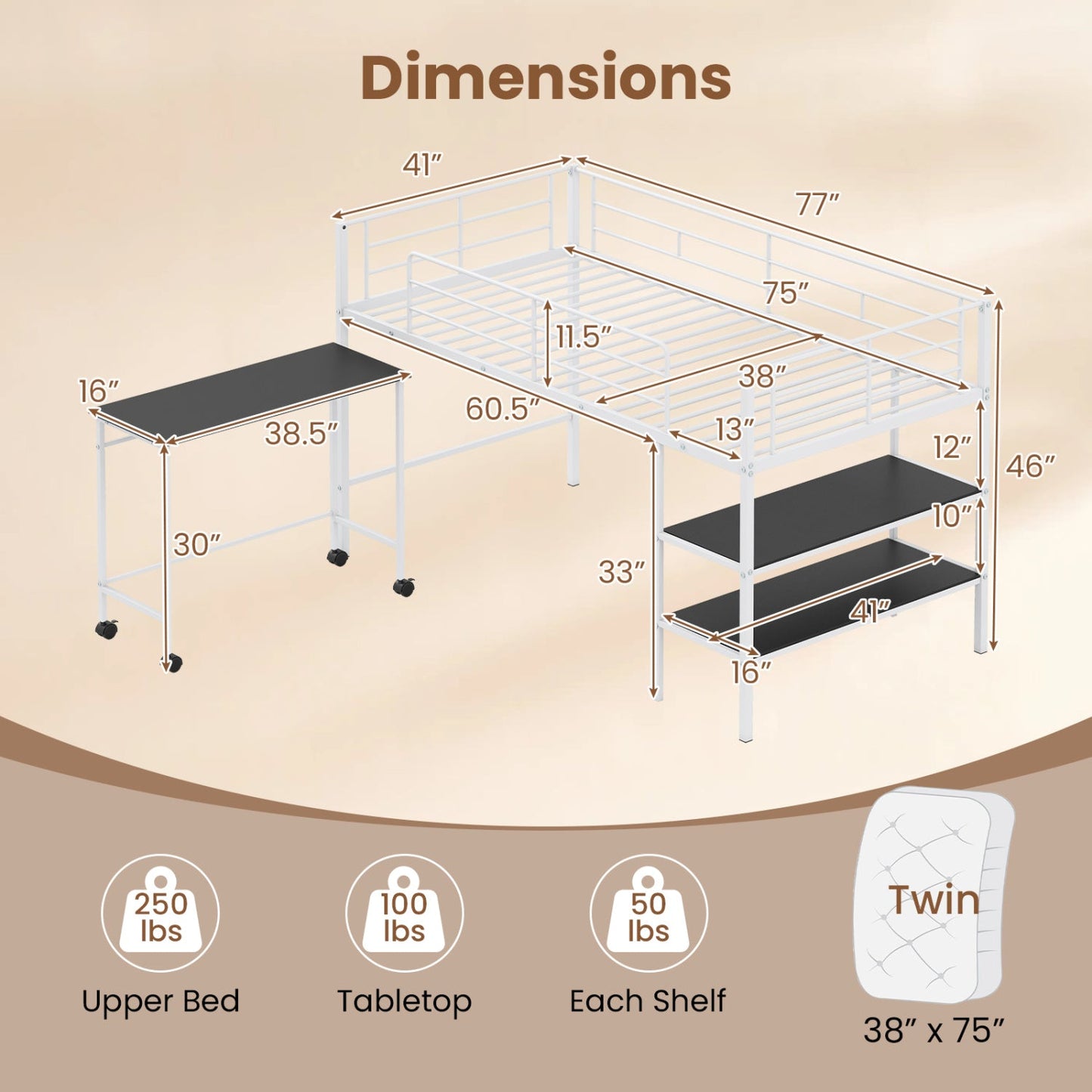 Twin Size Loft Bed with Rolling Desk and Bookshelf Platform Bed Frame