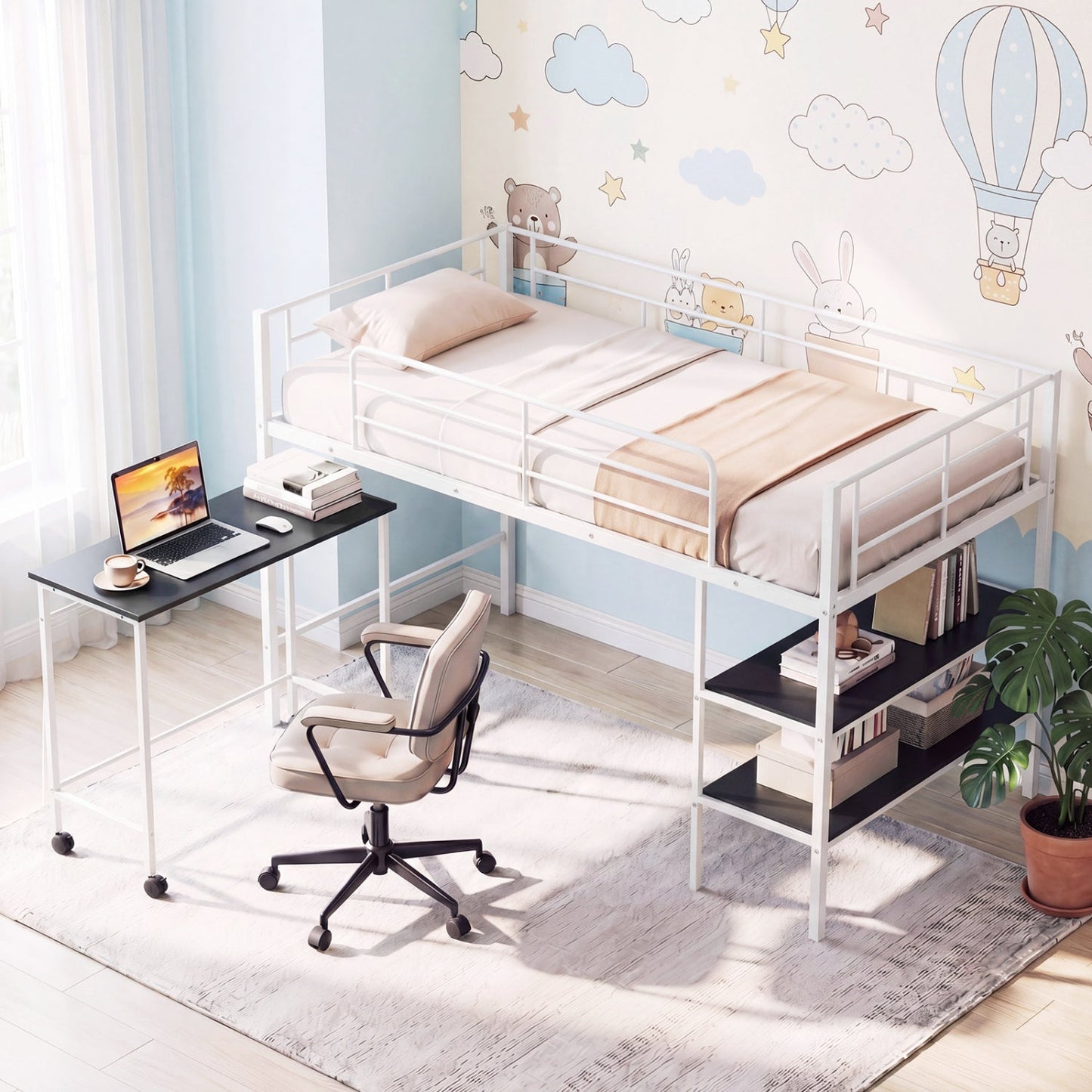 Twin Size Loft Bed with Rolling Desk and Bookshelf Platform Bed Frame