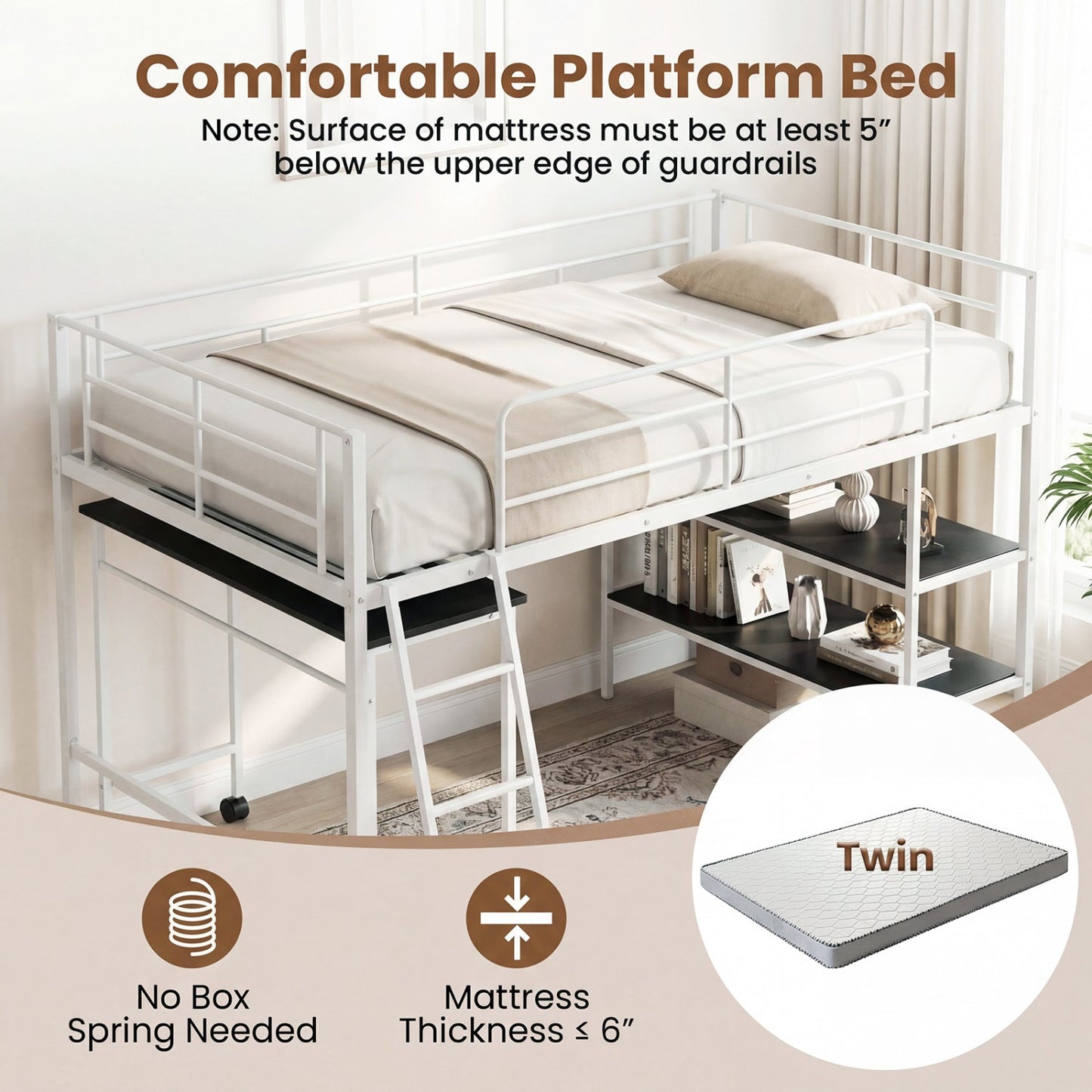 Twin Size Loft Bed with Rolling Desk and Bookshelf Platform Bed Frame