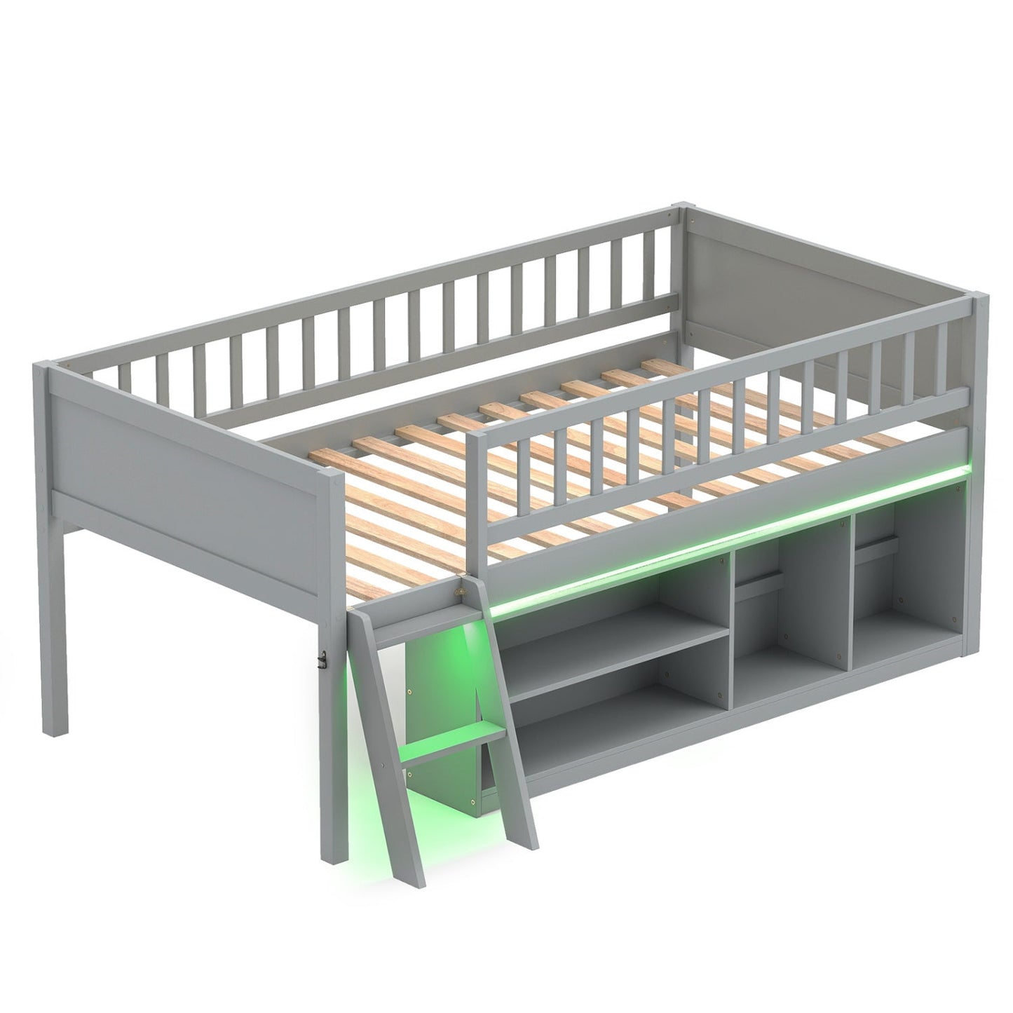 Twin Loft Bed with LED Lights & Bookshelf for Kids