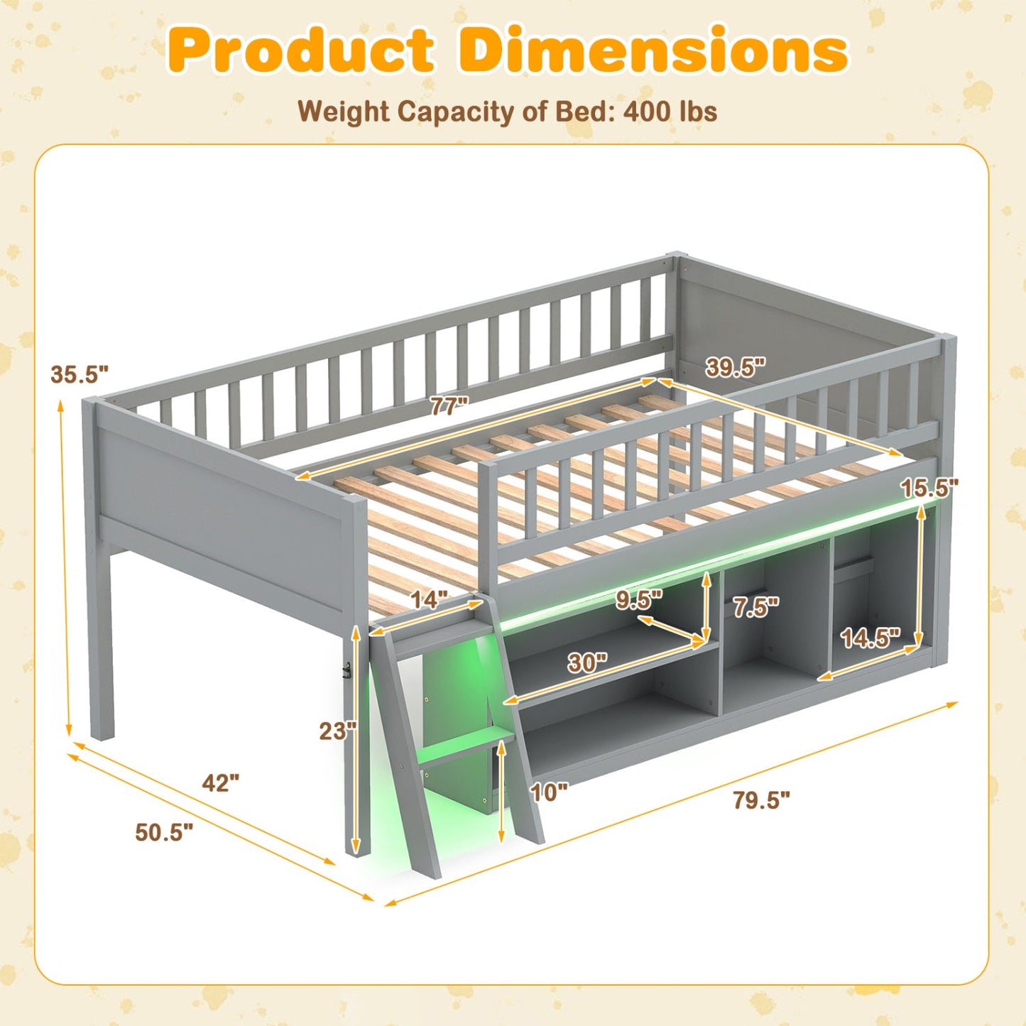 Twin Loft Bed with LED Lights & Bookshelf for Kids