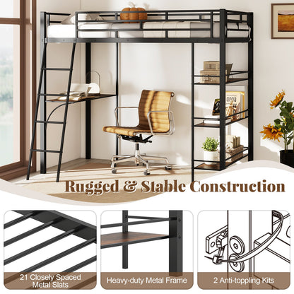 Twin Size Loft Bed with Desk and Shelves for Kids and Home-Black