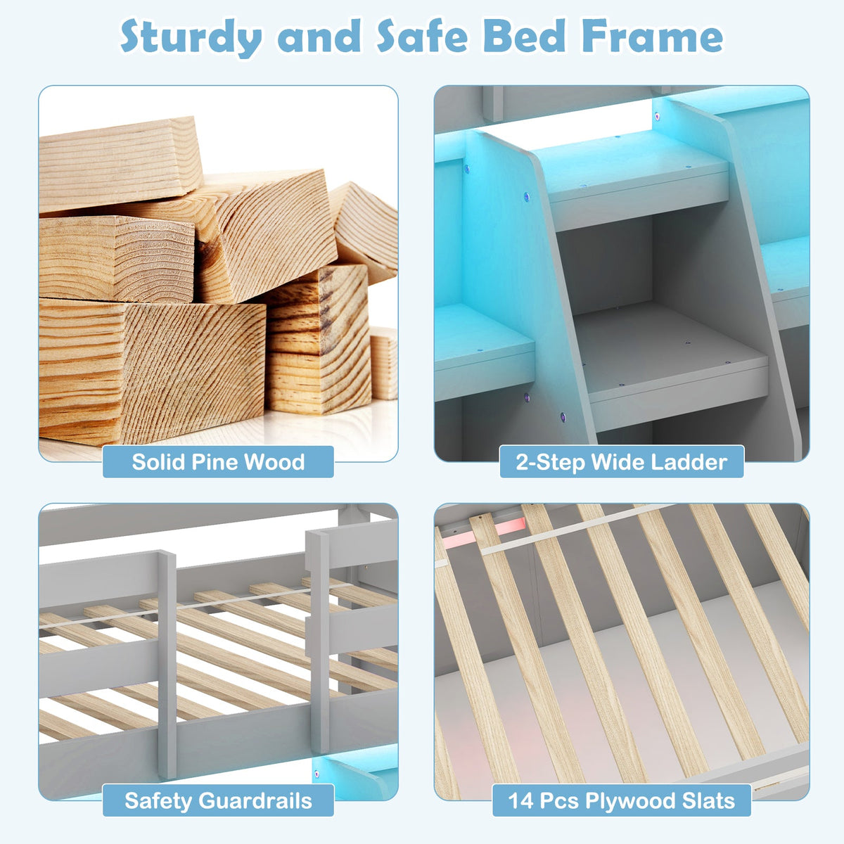 Twin Size Loft Bed with LED Lights with Staircase and Safety Guardrail