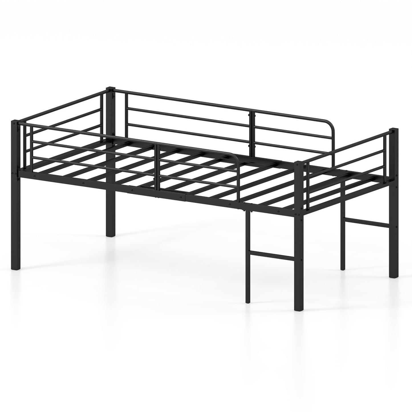 Twin Size Low Loft Bed with Safety Guardrails and 2 Ladders