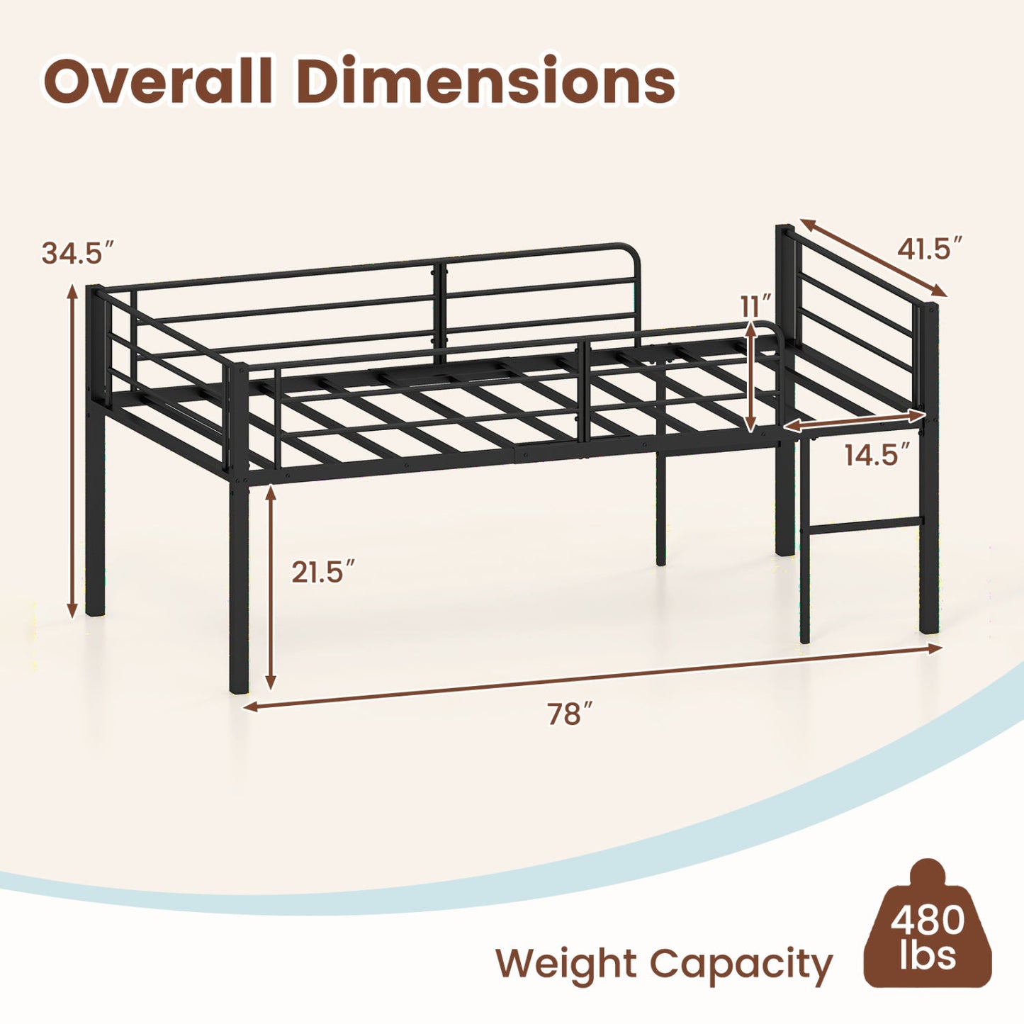 Twin Size Low Loft Bed with Safety Guardrails and 2 Ladders