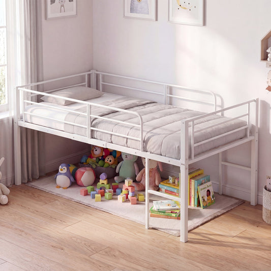 Twin Low Loft Bed with Safety Guardrails and 2 Ladders