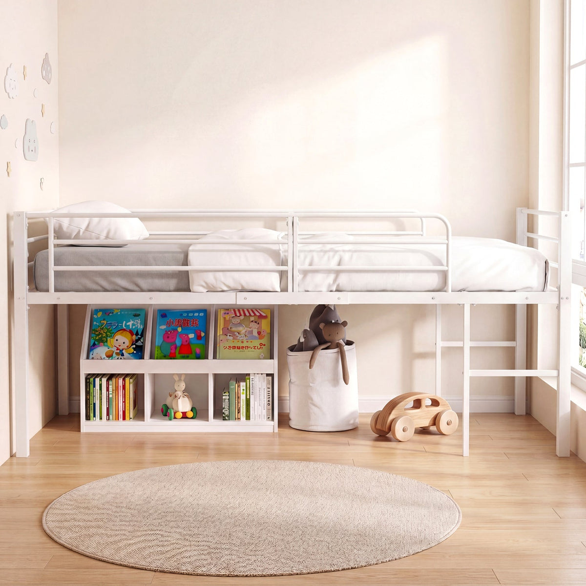 Twin Low Loft Bed with Safety Guardrails and 2 Ladders