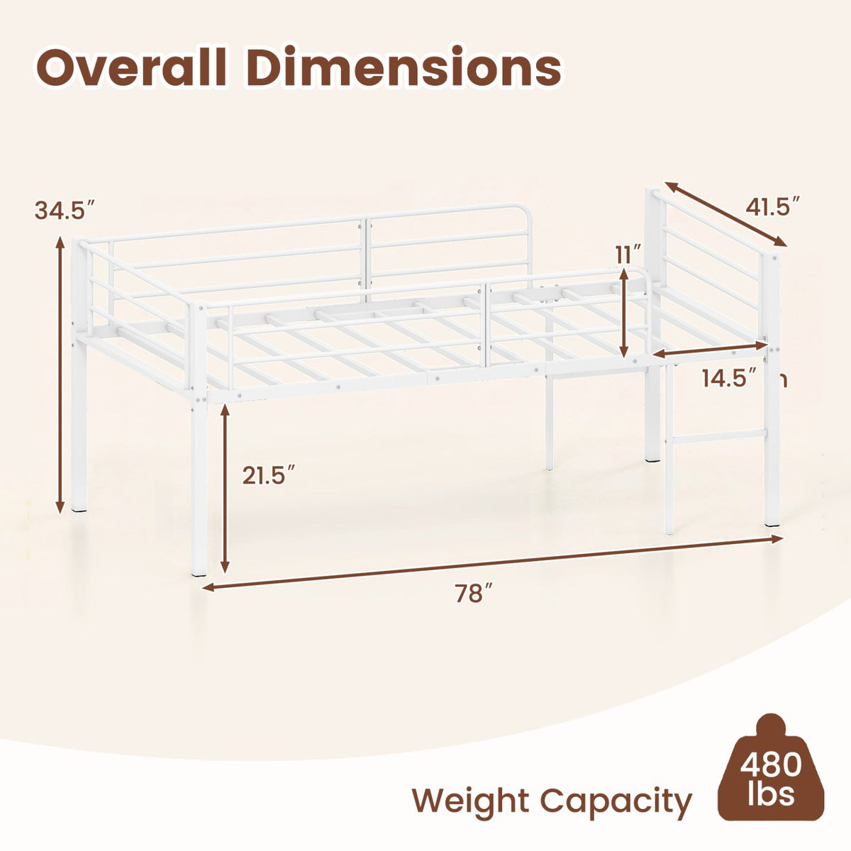 Twin Low Loft Bed with Safety Guardrails and 2 Ladders