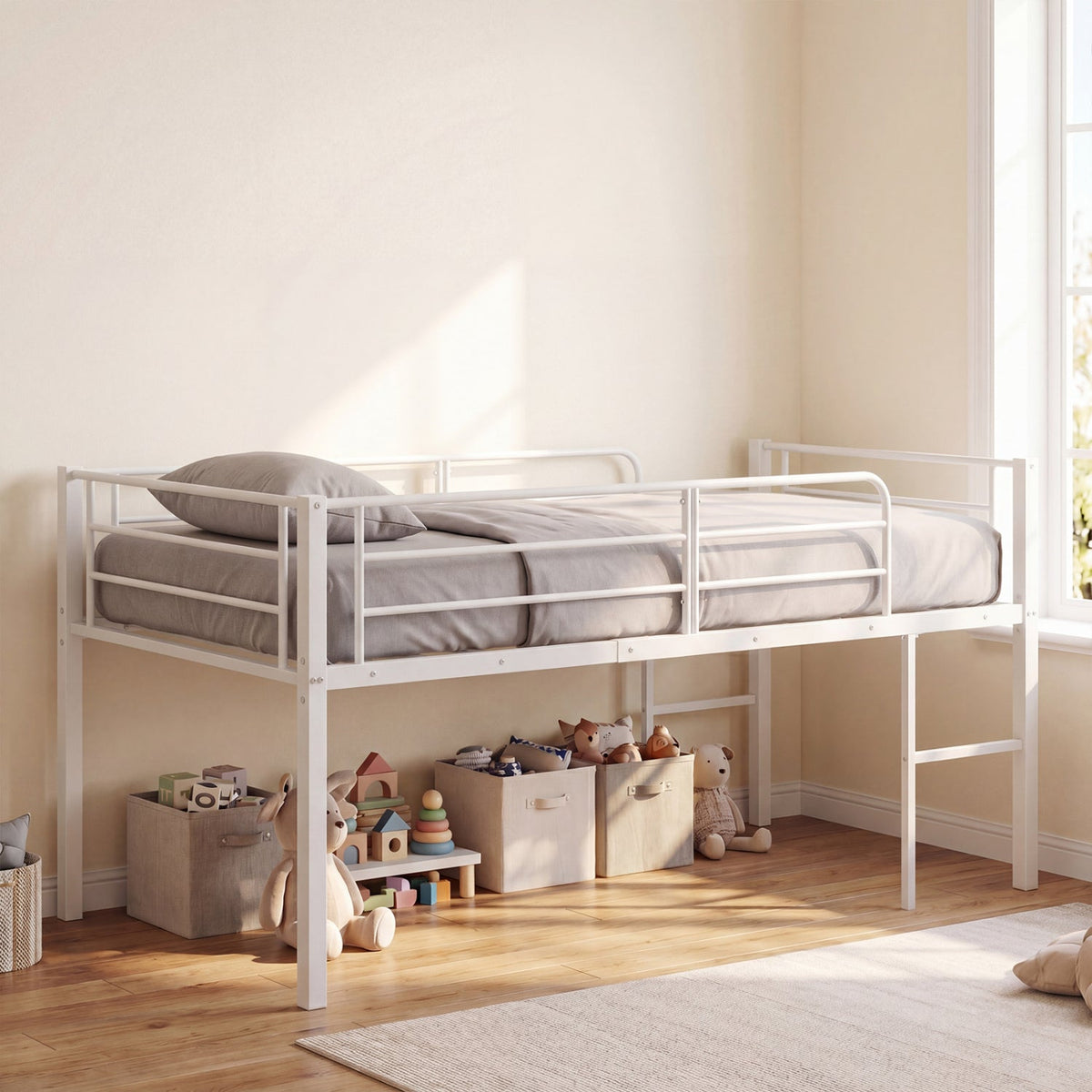 Twin Low Loft Bed with Safety Guardrails and 2 Ladders