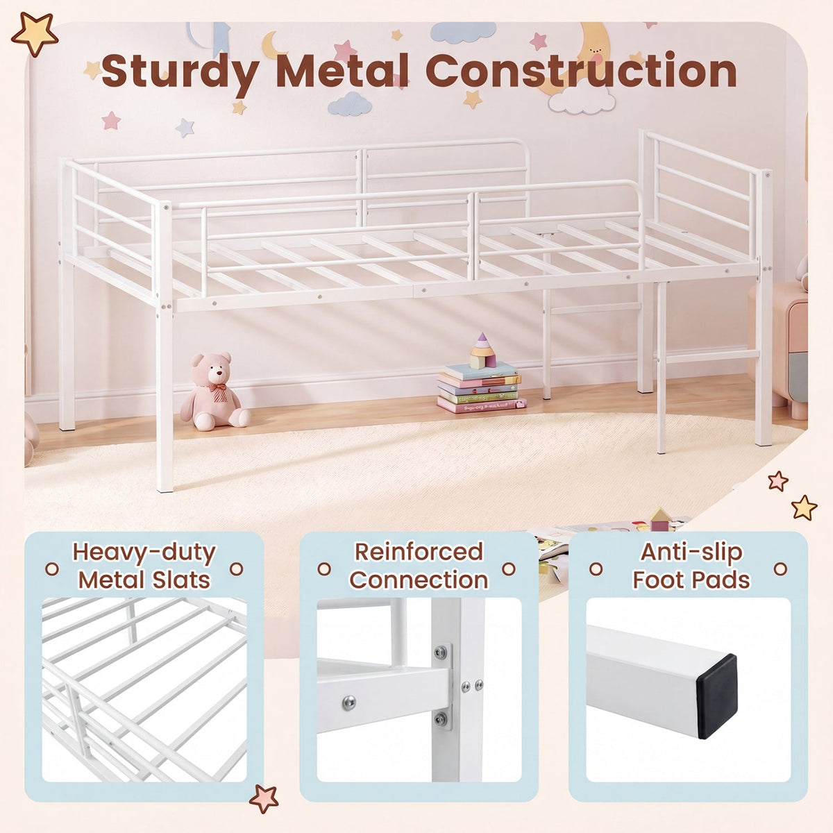 Twin Low Loft Bed with Safety Guardrails and 2 Ladders