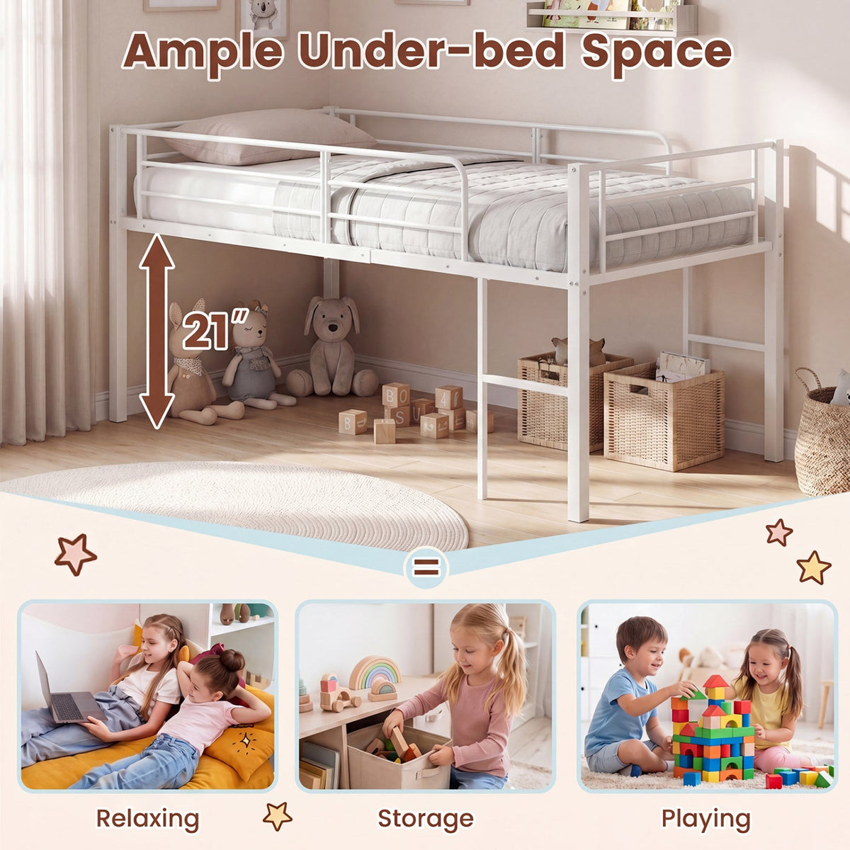 Twin Low Loft Bed with Safety Guardrails and 2 Ladders
