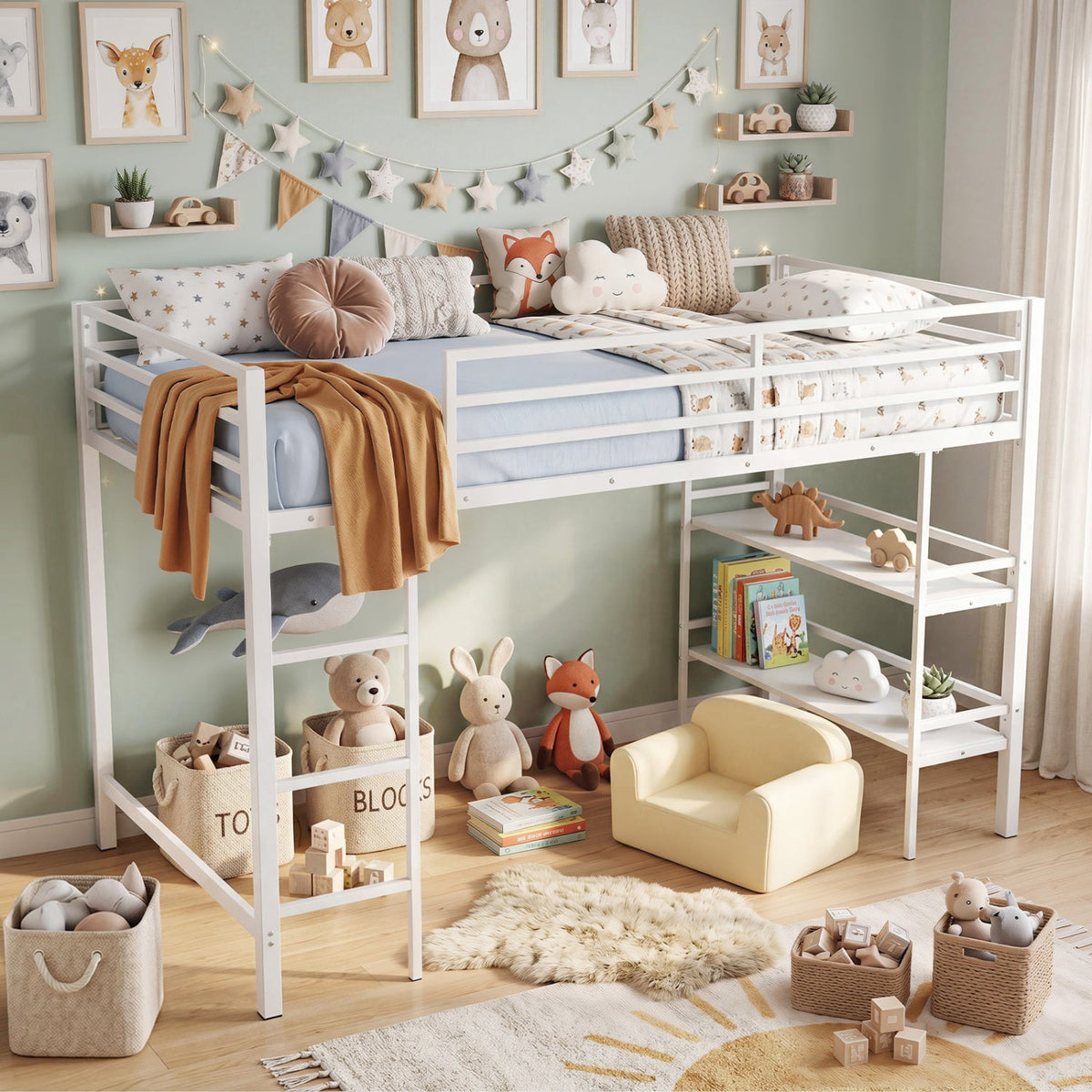 Twin Low Loft Bed with Storage Shelves and Ladder - White