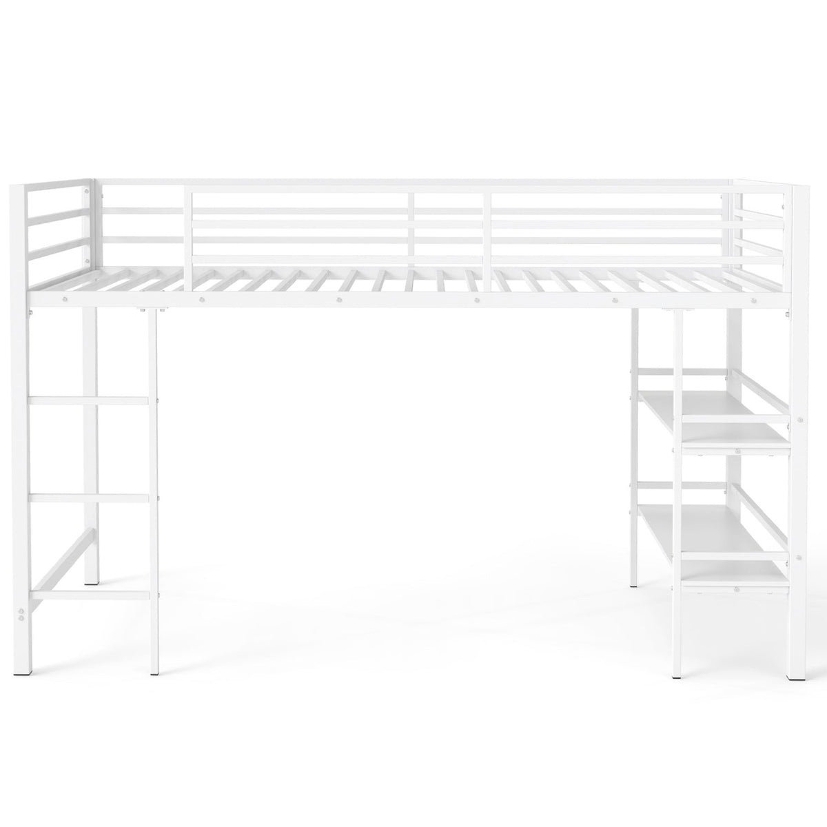 Twin Low Loft Bed with Storage Shelves and Ladder - White
