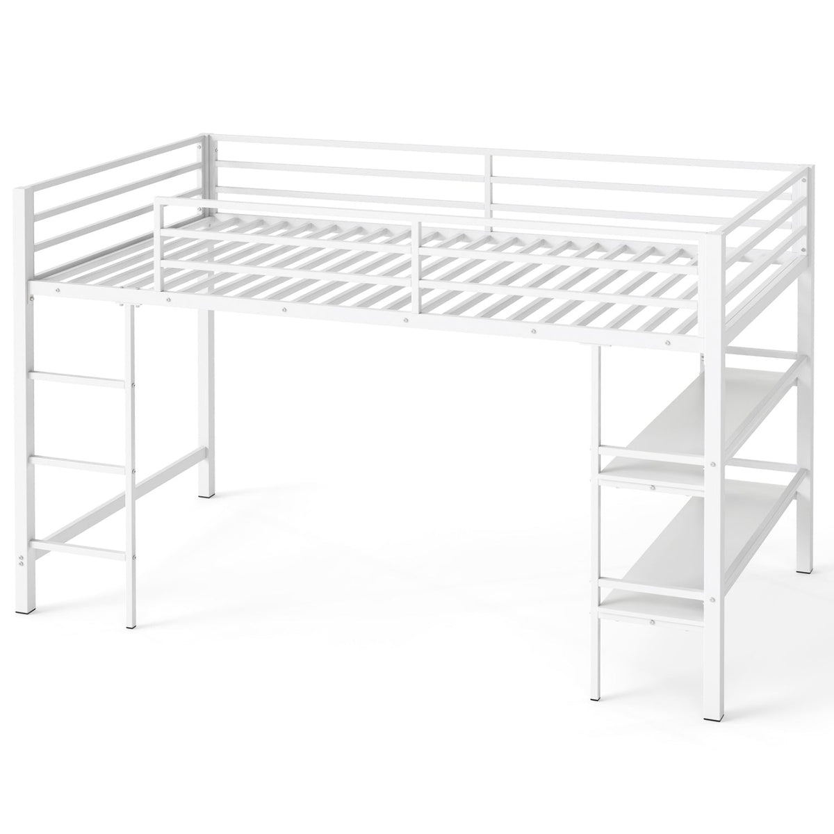 Twin Low Loft Bed with Storage Shelves and Ladder - White