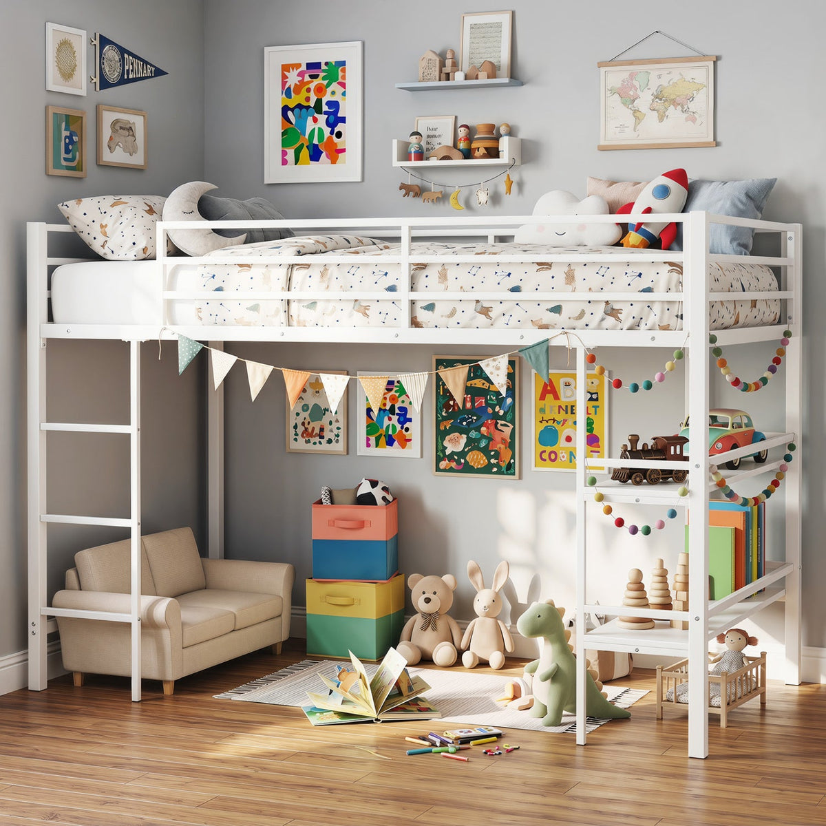 Twin Low Loft Bed with Storage Shelves and Ladder - White