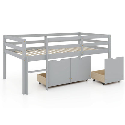 Twin Size Low Loft Bed with 3 Drawers with Ladder and Full-length Guardrails