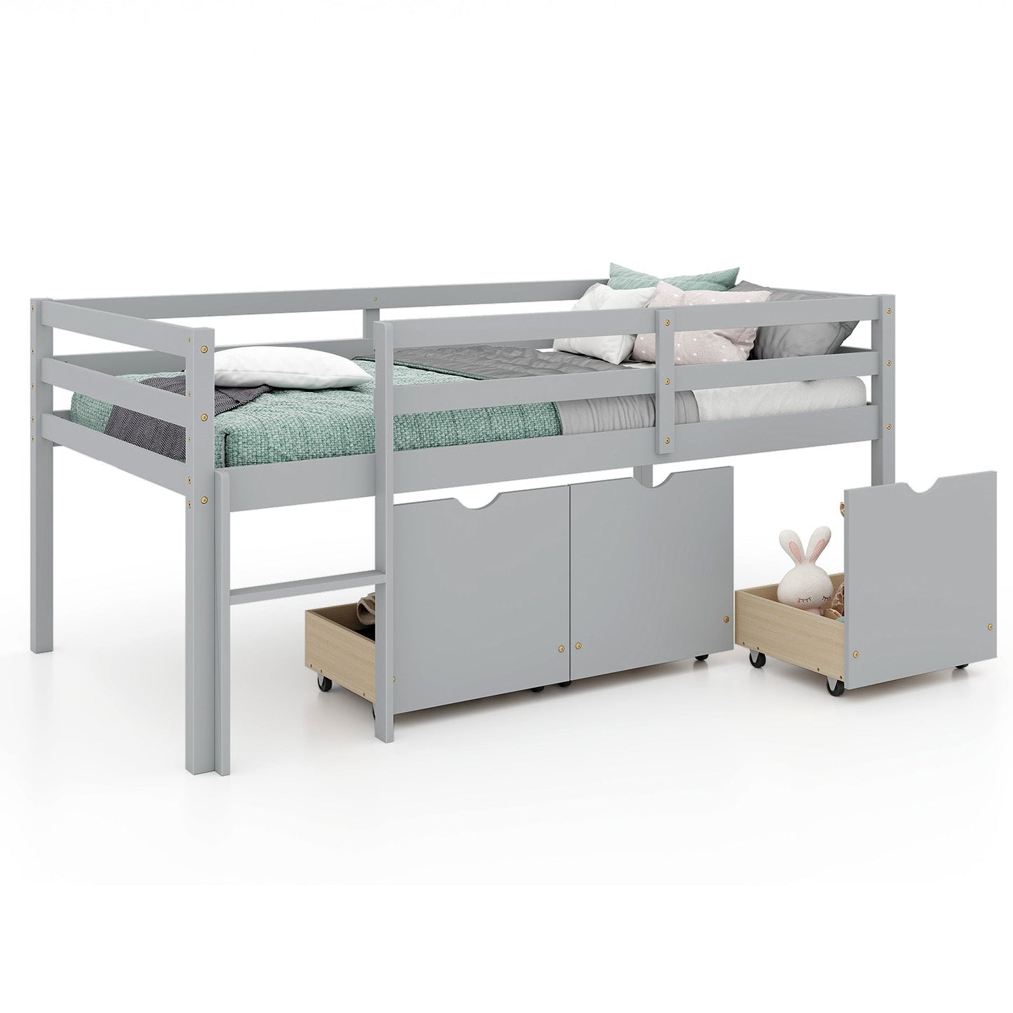 Twin Size Low Loft Bed with 3 Drawers with Ladder and Full-length Guardrails