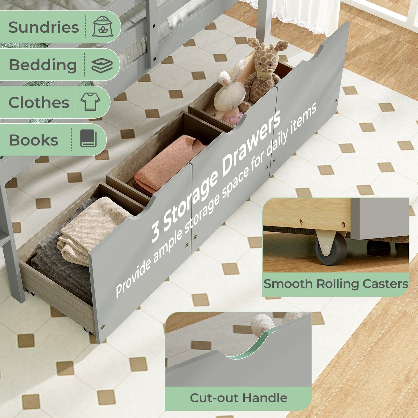 Twin Size Low Loft Bed with 3 Drawers with Ladder and Full-length Guardrails