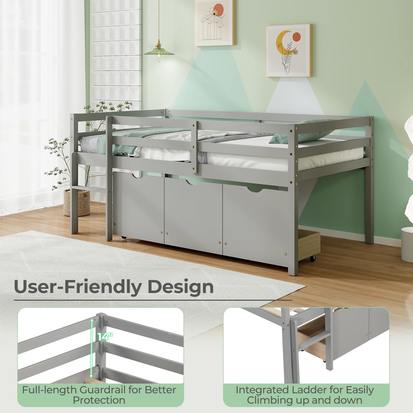 Twin Size Low Loft Bed with 3 Drawers with Ladder and Full-length Guardrails