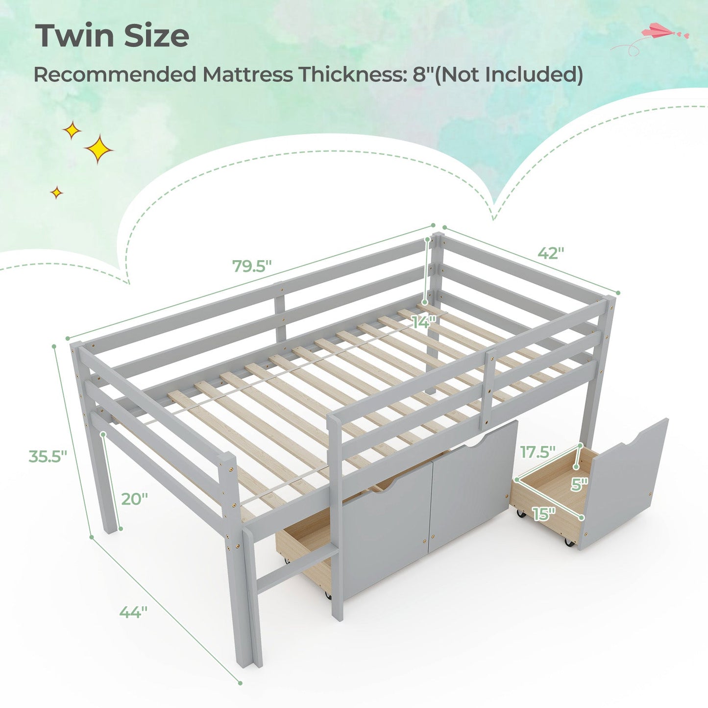 Twin Size Low Loft Bed with 3 Drawers with Ladder and Full-length Guardrails