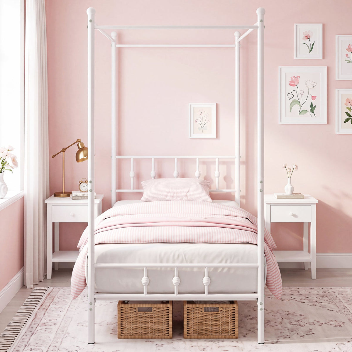 Twin Metal Canopy Bed Frame with Headboard and Footboard