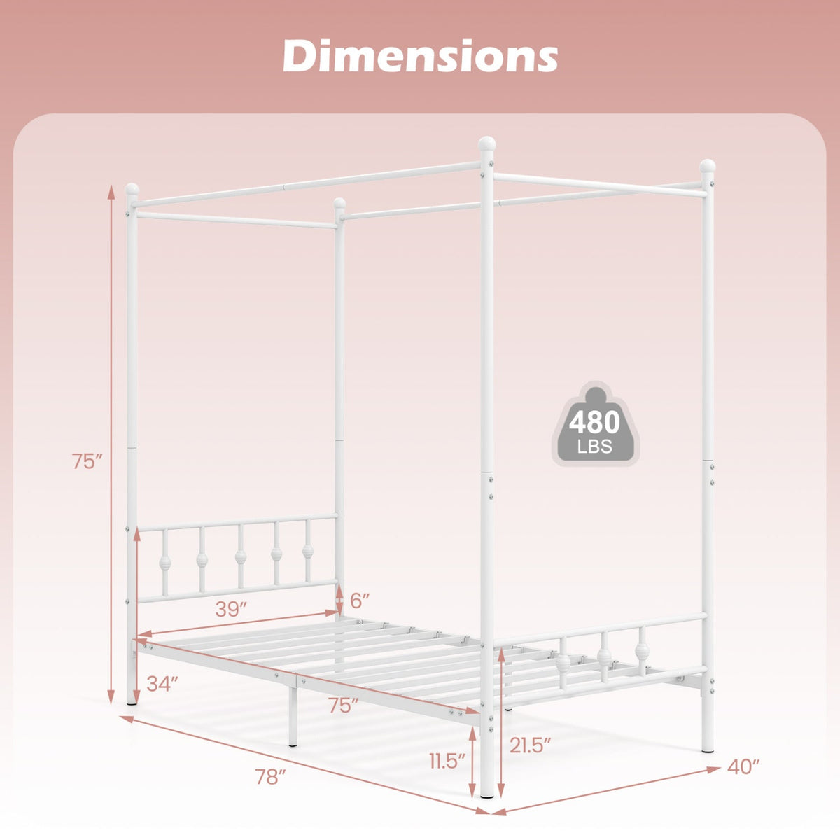 Twin Metal Canopy Bed Frame with Headboard and Footboard