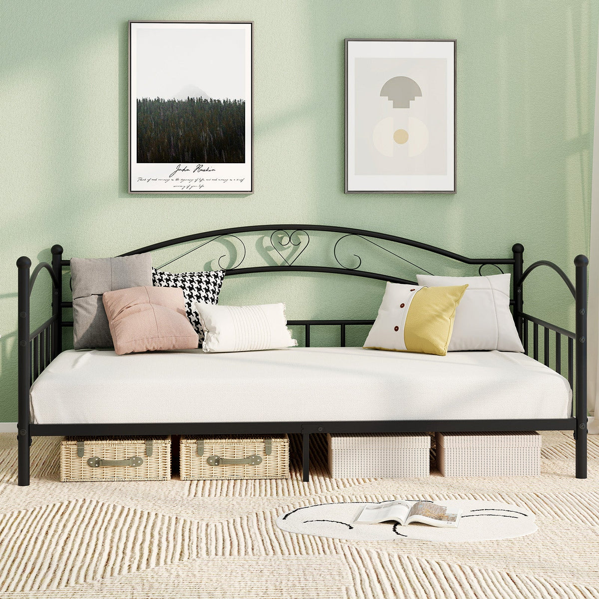 Twin Size Metal Daybed Frame with Headboard for Bedroom