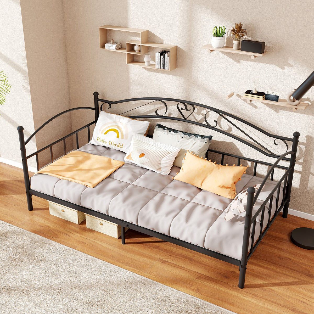Twin Size Metal Daybed Frame with Headboard for Bedroom