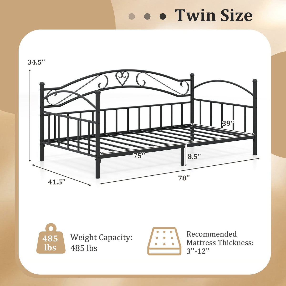 Twin Size Metal Daybed Frame with Headboard for Bedroom