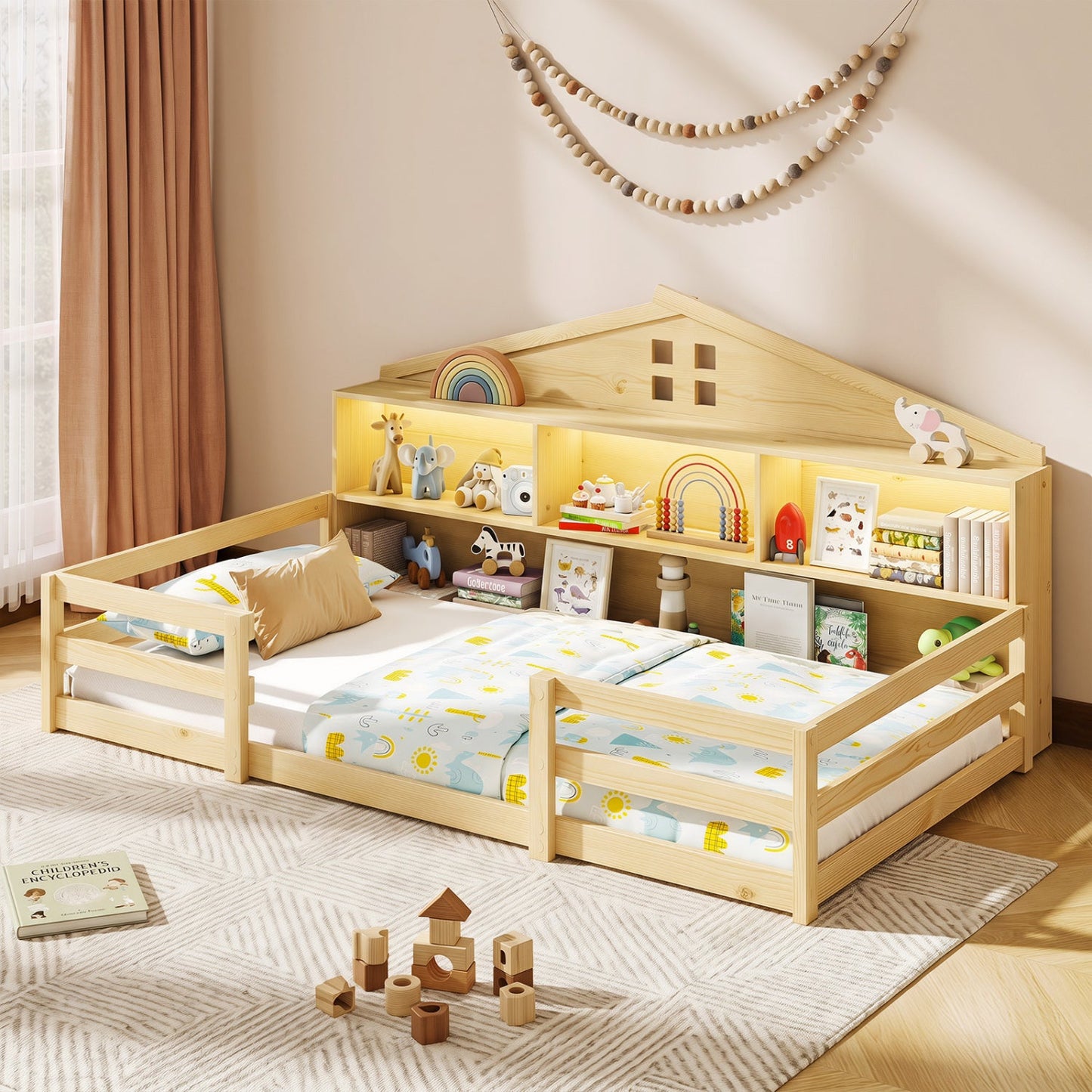 Twin Montessori Floor Bed with Storage and LED Lights