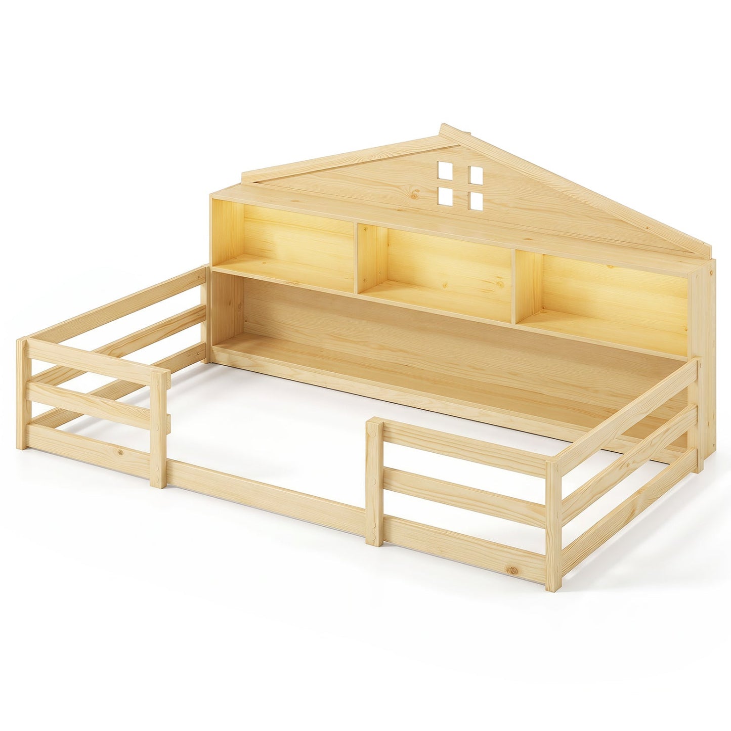 Twin Montessori Floor Bed with Storage and LED Lights