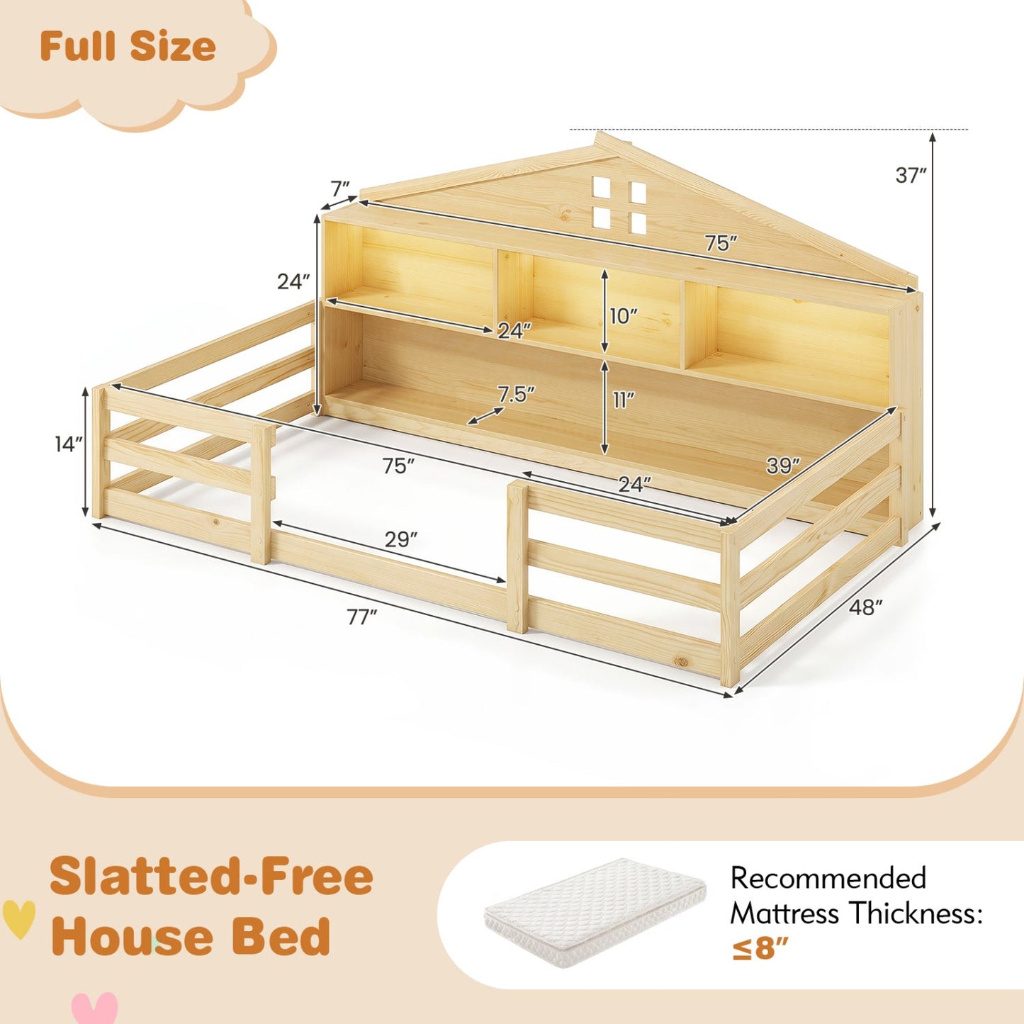 Twin Montessori Floor Bed with Storage and LED Lights