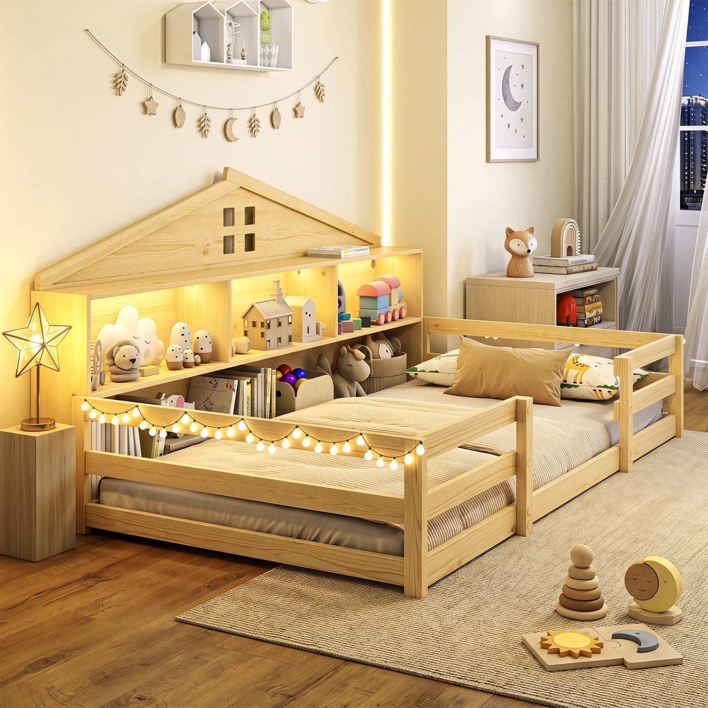 Twin Montessori Floor Bed with Storage and LED Lights