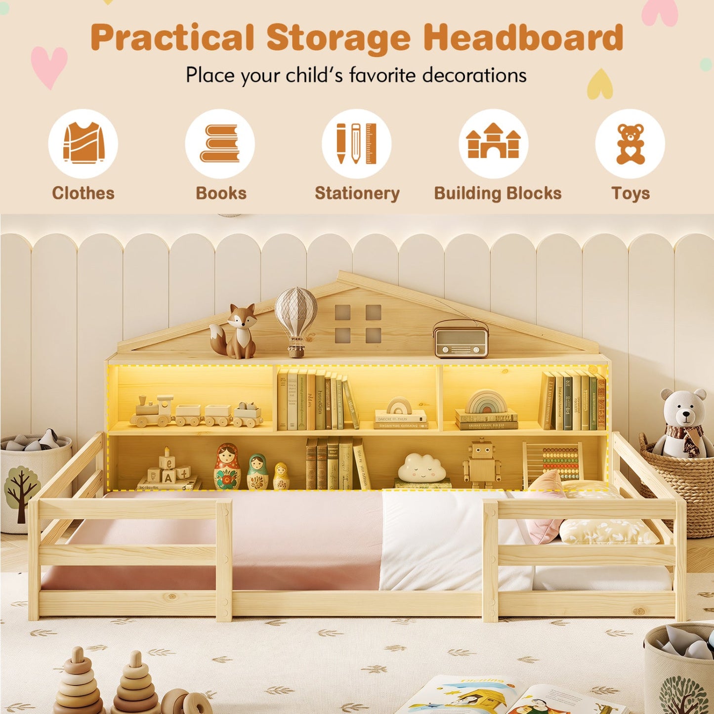 Twin Montessori Floor Bed with Storage and LED Lights