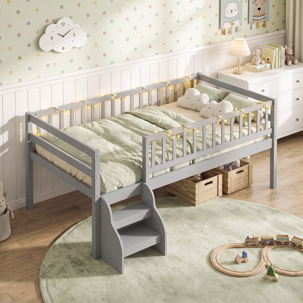 Twin Montessori Bed with Stairs and Guardrails